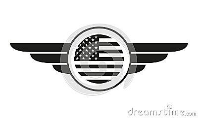 Wings badge with USA flag. Winged American flag template. Air force and aviation emblem. Vector illustration. Vector Illustration